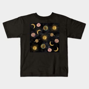 Gold Sun Moon Planets Space illustration Kids T-Shirt